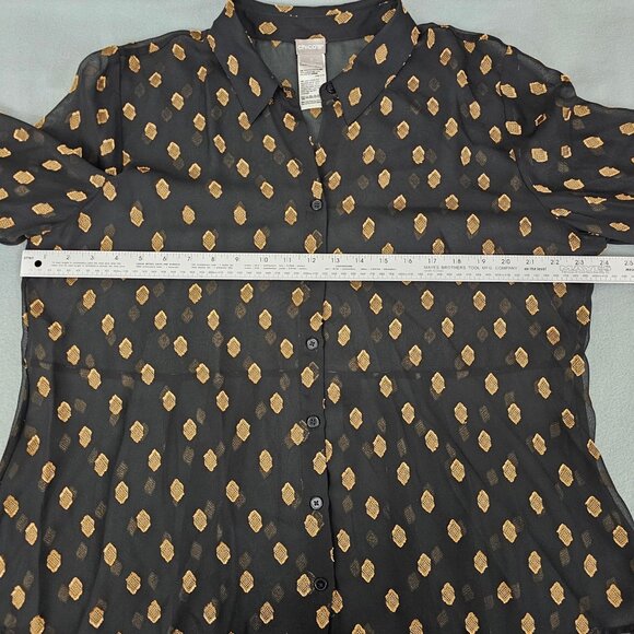 Chico's Button Up Blouse Black Gold Sheer 3/XL Lightweight Peplum Pleated Back - Picture 10 of 12